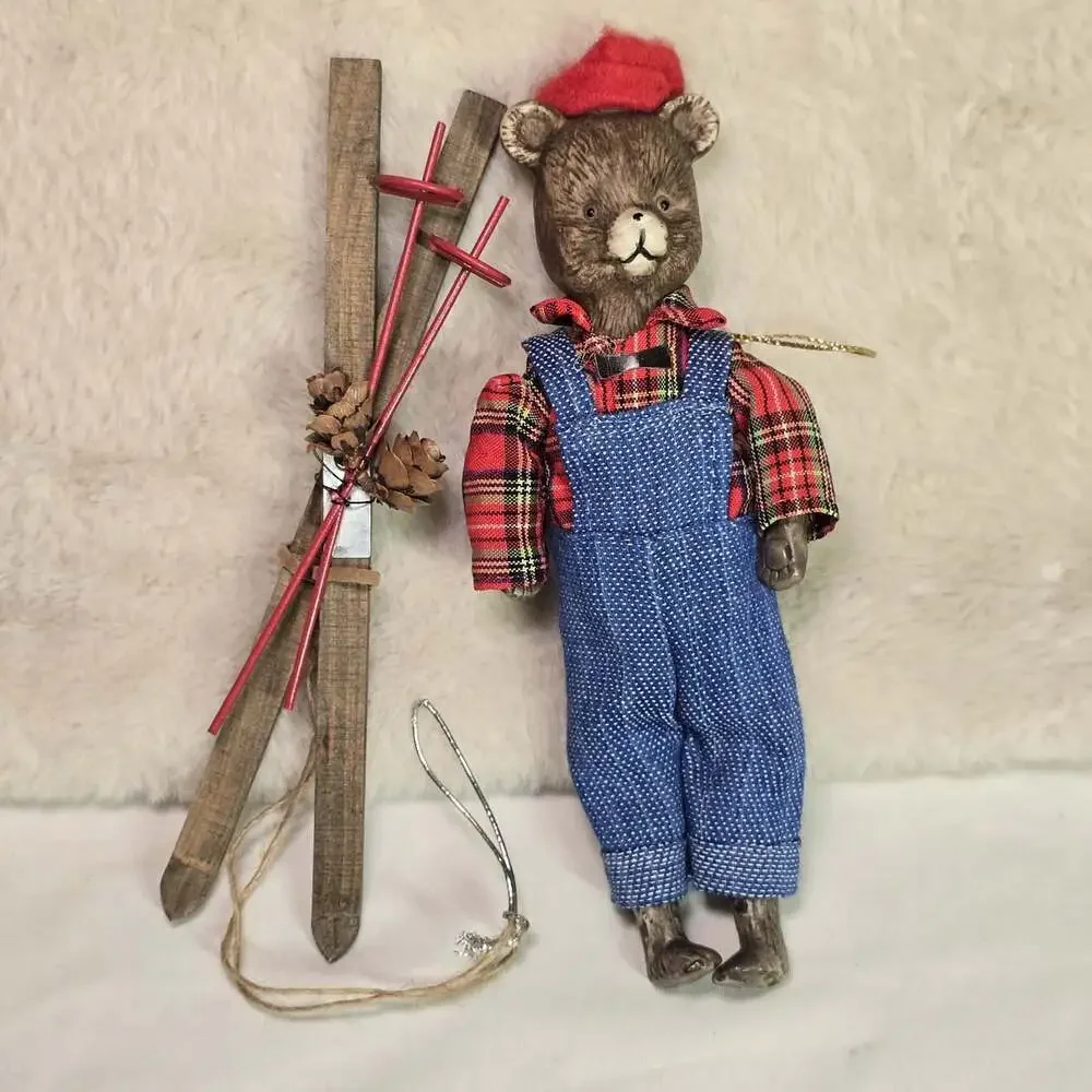 Vintage Ski Bear Ornament Plaid Flannel & Denim Overalls Wooden Skis Rustic Xmas